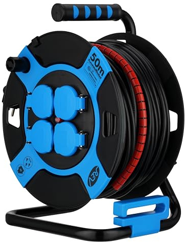 REV Kabeltrommel 50m Outdoor - mit Kabelschutz, 4 Schutzkontaktsteckdosen, IP44, blau