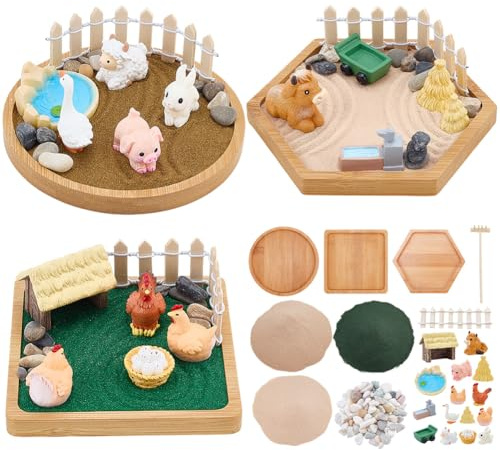 WEBEEDY 3 Ensemble de Mini Jardin Zen pour Bureau Kit de Jardin de Sable sur Thème de Ferme Ensemble DIY pour Bac à Sables Amusant Décor de Sable de Méditation DIY Bureau à la Maison Noël