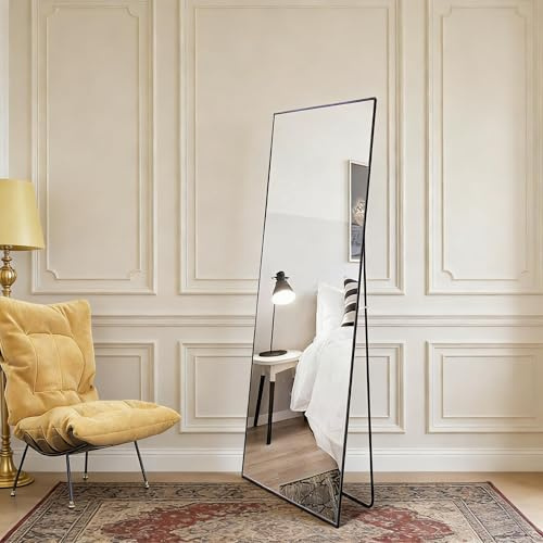 PerGar Miroir sur Pied, incassable, Mural, à Poser ou à Suspendre, Cadre Fin en Aluminium, pour Chambre à Coucher, Salon (Noir, 150 x 40 cm)
