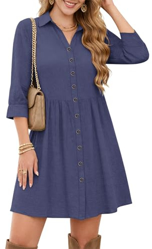 WNEEDU Robe Chemise Femme Ete Chic et Elegant Manche 3/4 Robe de Plage | Courte, avec poches, taille empire, les boutons peuvent être défait