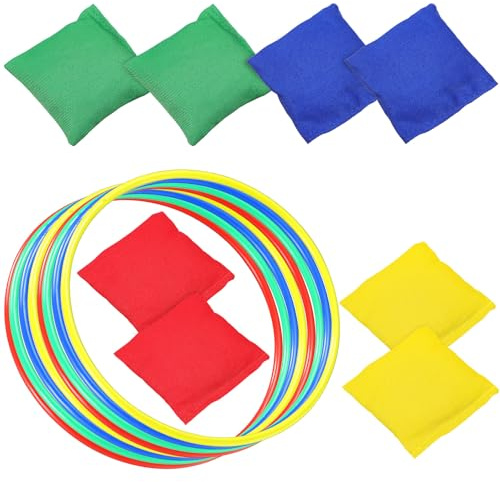Kisangel Jeu de Lancer D’Anneaux en Plastique 16 Pièces 8 Anneaux 18 Cm 8 Paquet de Haricots 7,7 Cm Colorés, Résistant aux Intempéries, pour Garçon et Filles et Activités de Plein Air,