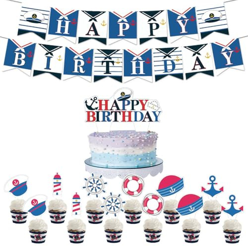 Kit de decoración náutica para fiesta de cumpleaños, sombrero de marinero, faro, salvavidas y tema de ancla, 1 pancarta, 1 pieza central grande, 6 diseños, 12 adornos para cupcakes, pasteles y