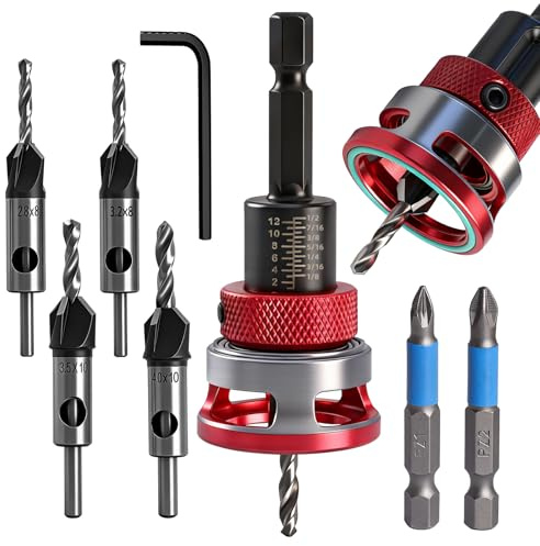 4 Pieces Countersink Drill Bit Set with Depth Stop, Countersink Wood Drill Bit(2.8 * 8/3.2 * 8/3.5 * 10/4 * 10MM) with 1/4 Inch Hex Shank & pz1/pz2 Batch Head for Wood, Plastic, Woodworking