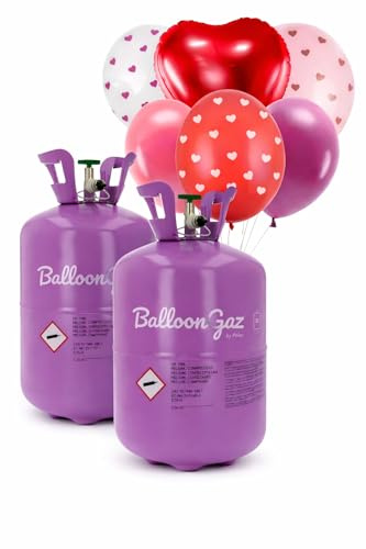 Lote de 2 botellas de Helio para Globos XL - hasta 100 Globos - + 6 Globos de Corazón Rojo Incluidos - Dulce Helio Desechable Inflado Globos Flotantes Cumpleaños, Boda, Fiesta, San Valentín