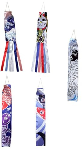 Homoyoyo Lot de 5 Manches à Air Japonaises Décoratives de Carpe, 70 Cm, Tissu Résistant à L’humidité et Décoloration, Décoration Suspendue pour Jardin, Bar à Sushis et Espace Extérieur,