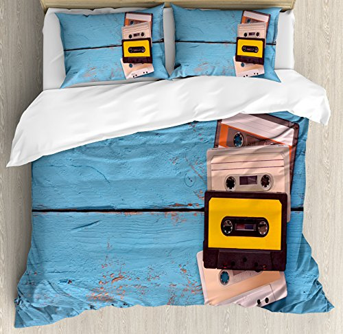 Ambesonne Indie Duvet Cover Set, Vintage Cassette Tapes on Aqua Wooden Table Close up Photo Retro Music Retro, Decorative 3 Piece Bedding Set with 2 Pillow Shams, Queen Size, Multicolor
