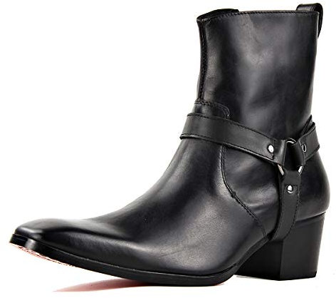 Herr Stövlar Chelsea Högklackade Boots för Män Mode Känga Vandring Ankel Dragkedja Äkta Läder Svart Brun OZ-JY002-black-belt-7.5