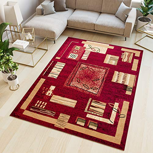 TAPISO Atlas Teppich Kurzflor Rot Beige Geometrisch Blumen 200 x 300 cm | Wohnzimmer Klassisch Schlafzimmer Traditioneller Teppich für Wohnzimmer Esszimmer OEKO-TEX