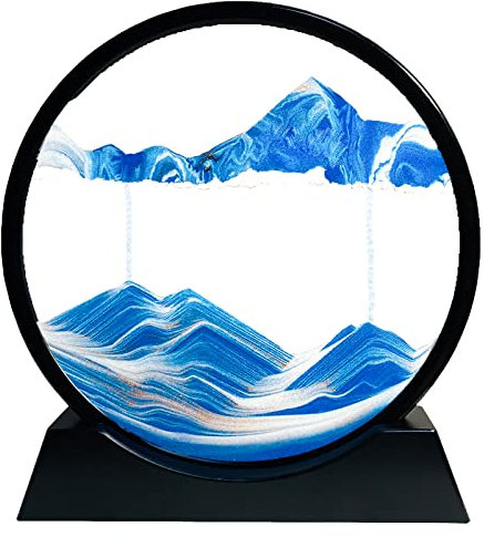 Pittura di Sabbia Che scorre - Pittura di Vetro Rotonda a Clessidra 3D, Cornice di Flow Sabbia Immagine in Movimento, Paesaggio Dinamica Art Decorazione Oceano Blu Regalo（Blu, 7 Pollici）