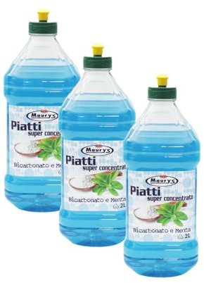 MAURY'S SET 3 FLACONI DETERSIVO CONCENTRATO PER PIATTI IN FORMATO DA 2 LITRI (Bicarbonato e Menta)