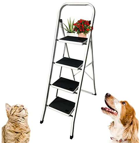 Stahl Sicherheit Haushaltsleiter Leiter 4 Stufen, Trittleiter 4 Stufen Leiter Klapptritt Klappleiter Klapptreppe Tritt Haushaltstritt Stehleiter Sprossenleiter Klappbar Faltbar bis 150 kg