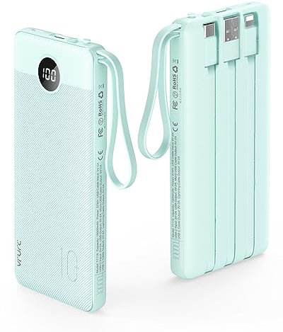 VRURC Portable Phone Charger for iPhone, 10000mAh Power Bank Built in Cables & Lanyard, Slim USB C Battery Bank 5 Outputs for Multi Devices,Travel Essential for College Students Teen Boys Girls-Green
