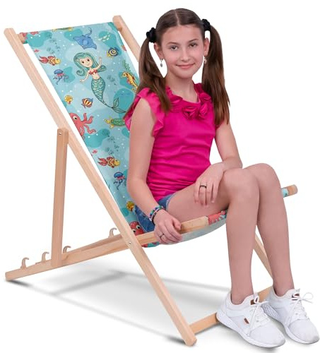 DreamRoots Kinder Liegestuhl Holz Gr. M, Mermaid | Klappbarer Campingstuhl faltbar, für Garten & Strand, bis 130 kg, waschbarer Bezug, 100% Polyester, UV-beständig, Kinderliege