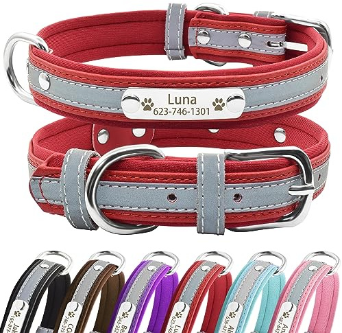 Senristar Personalisierte Reflektierende Hundehalsbänder mit Neopren Gepolstert, Benutzerdefinierte Gravierte Hundehalsband mit Namensschild für Kleine Mittlere Große Hunde