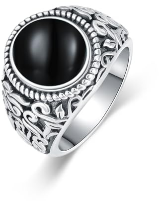 BETHZA Schwarzer Onyx-Ring für Herren 925er-Sterlingsilber Vintage-Stil echter ovaler schwarzer Onyx Edelsteinring Schmuck Geschenke für Geburtstag Vatertag Größe 57-72.5