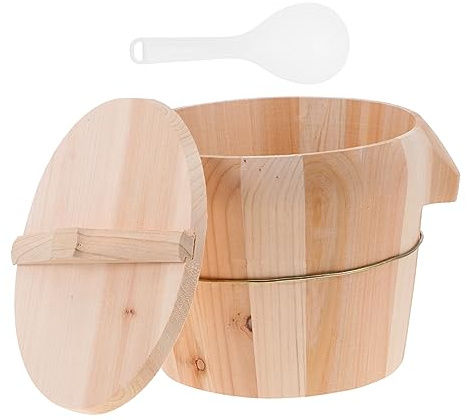 HOMSFOU Wooden Rice Steamer Bucket with Lid and Handle, Anti-skid Natural Wood Material, Easy to Clean Steamed Rice Cooker for Home Kitchen Use with Movable Bottom Design