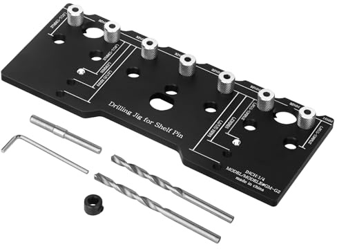 Umelee Gabarit de Goupille d'étagère, Gabarit Perçage Réglable pour Percer 7 Trous de 6,35 mm, Système 32 mm, Guide de Perçage en Alliage d'aluminium, Gabarit de Perçage pour Étagères, Armoires