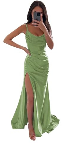Sincemeet Meerjungfrau Satin Abendkleid mit Schlitz Spaghettiträgern Lange Brautjungfer Satin Wickelkleid Ballkleider