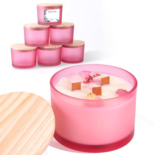 LAMORGIFT Confezione da 6 barattoli per candele in vetro con coperchio (453,6 g, rosa bosco), grandi barattoli per candele per la realizzazione di 3 stoppini, contenitori vuoti per candele, accessori