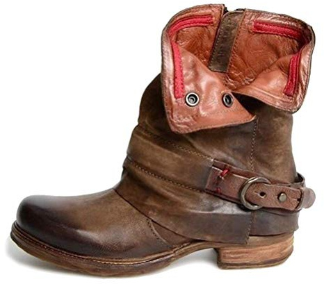 ORANDESIGNE Damen Retro Leder Stiefel Blockabsatz Stiefeletten Frauen Bequeme Schuhe mit Rutschfester Sohle Herbst Winter Casual Boots