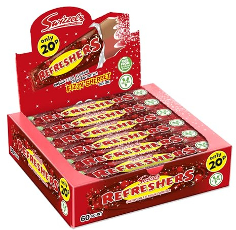 Swizzels Refreshers Cherry Cola Chew Bars 60 Pack, Fizzy Sherbet Centre Retro Sweets, Individually Wrapped PMP Candy Bars, 1080 Grams