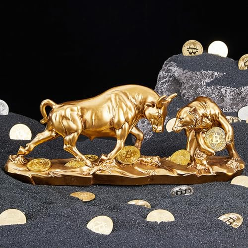 Cutfouwe Bitcoin Statue – Harzskulptur für Bürodekoration, Börsensymbol-Statuen mit Bulle und Bär Figuren,Gold,40cm