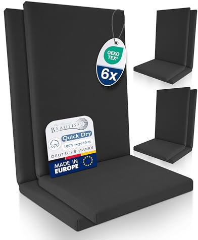 Beautissu 6er Set Premium Hochlehner Auflage 100% Wasserdicht 120x50cm – UV-beständig Bequem Pflegeleicht Waschbar Sitzkissen Gartenstuhl – Quick Dry Polsterauflage Gartenmöbel Stuhlauflage Anthrazit