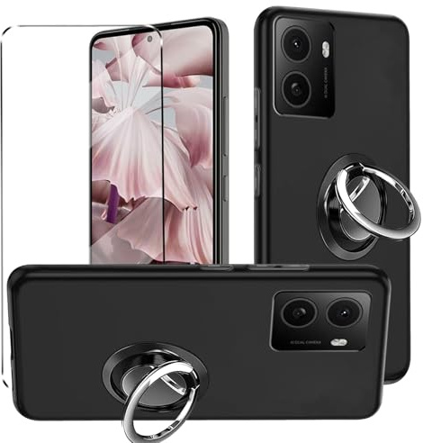 3-in-1 Case + Phone holder Ring For HMD Pulse Plus/ HMD Pulse Pro / HMD Pulse Cover with 1 Pack Tempered Glass Screen Protector Slim Fit Soft TPU Shockproof Anti-Scratch Phone Case Cover - Black