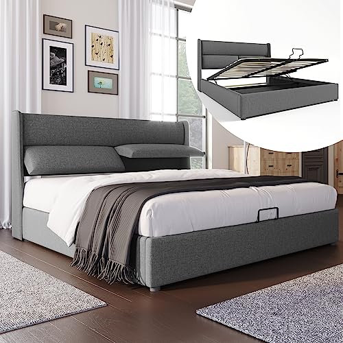 Polsterbett 140x200, Doppelbett mit Großer Stauraum und Verstellbare Kopfstützen, Bett Hydraulisches Stauraumbett Funktionsbett Bettgestell Familienbett mit Lattenrost, Leinen, Grau, Ohne Matratze