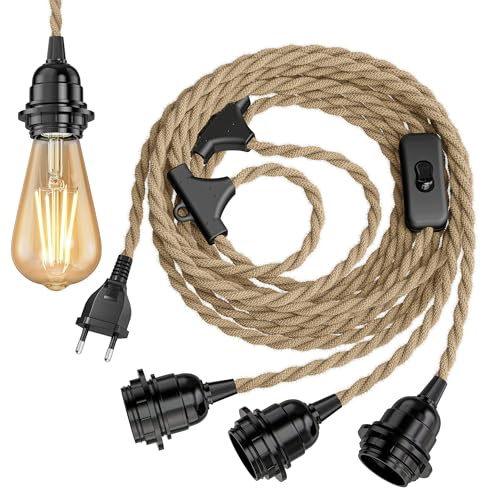 ledscom.de Hanf-Kabel/Textilkabel LEKA, Stecker, Schalter, natur-beige, 8 m, Lampen-Fassung, 3x E27 max. 60W
