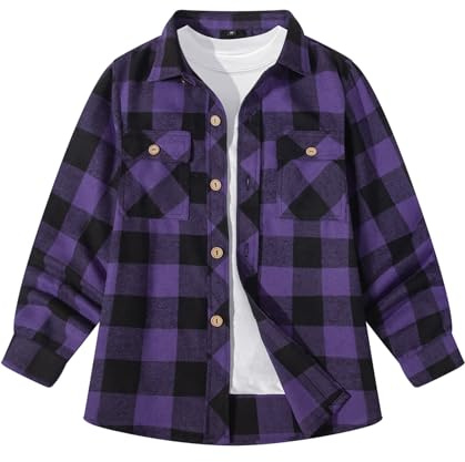 SwissWell Camisa a Cuadros Niños de Manga Larga Camisa de Franela para Niños Otoño Camisa Clásica con Botones Cuadros Ropa Morado S