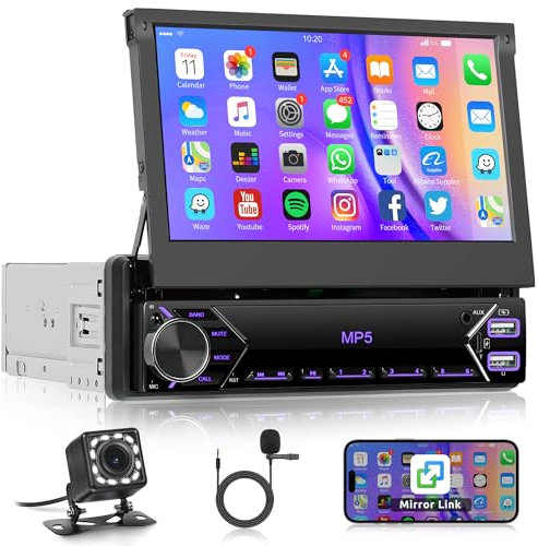 Autoradio 1 Din mit Bluetooth IOS/Android Mirror Link 7 Zoll Manuell Einziehbarer Bildschirm Autoradio mit Bluetooth Freisprecheinrichtung FM Radio/USB/AUX/EQ/Type C Lenkradsteuerung + Rückfahrkamera