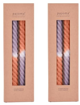 pajoma® Gedrehte Stabkerzen Orange-Lila 8 Stück | Hochwertige Drehkerzen - 45g Wachsgewicht, ca. 5 Std. Brenndauer, 250 x 20 mm | Premium Spiralkerzen, Twisted Kerzen, Wendekerzen