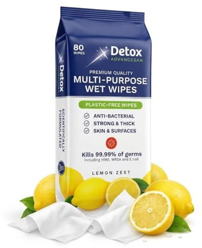 Detox AdvanceSan Biodegradable Antibacterial Cleaning Wipes Lemon Scent, Extra Thick Multipurpose Surface Wipes for Kitchen, Bathroom & Household Cleaning, Eco Friendly Heavy Duty Wipes