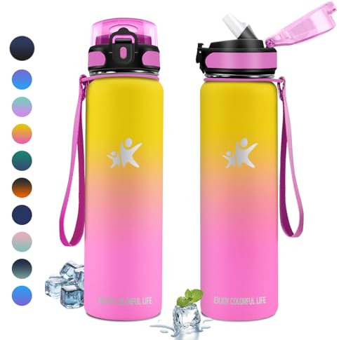 KollyKolla Borraccia Termica 1 Litro, a Prova di Perdite, Borracce Termiche con Cannuccia, Riutilizzabile, Bottiglia Acqua Termos senza BPA, Borraccia per Bambini, Adulto, Campeggio, Ciclismo