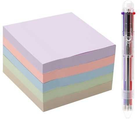 ZMDMAH 5 Packung Farbige Haftnotizen Selbstklebende Klebezettel 76 x 76 mm, Haftnotizzettel Bunte Quadratische Sticky Notes für Büro Zuhause Schule Sitzung 100 Blätter/Block+ Kugelschreiber mit sechs