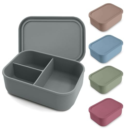 Chingcoo Brotbox mit Fächern, Silikon Brotbox 800ml Schule BPA Frei Mikrowelle Spülmaschinenfest Brotdose Kinder mit 3 Fächern Schiefergrau