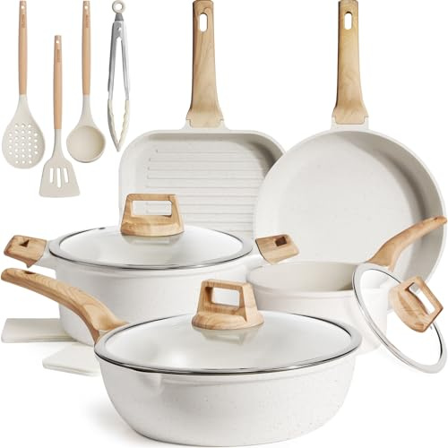 Kikcoin 16Pcs Ceramic Pots and Pans Set Non Stick, Includes a 9.5 Grill Pan, Induction Kitchen Cookware Sets, White Nonstick RV Kitchen Camping Cooking Sets Stackable (PTFE, PFOS, PFOA Free)