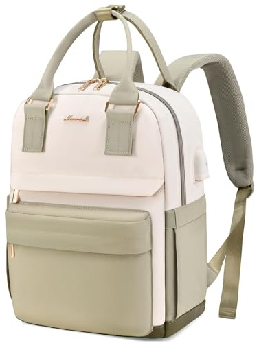 LOVEVOOK Zaino da donna, impermeabile, 2 in 1, con porta USB, mini borsa daypack, elegante per tempo libero, scuola, viaggi, lavoro, verde e beige, 13,3