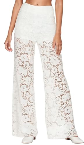 Vhersily Pantalon Palazzo Femme en Dentelle avec Culottes Sexy Transparentes Florales Jambe Large Estivales à la Mode avec Coutures, Taille Haute, pour Activités en Plein Air, avec Poches