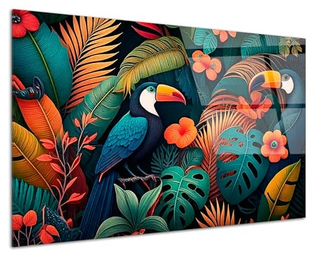 DECLINA Fuga Tropicale, Quadro da parete decorativo, arte animale, tucani, giungla lussureggiante, decorazione da parete, stampa acrilica, decorazione soggiorno, decorazione ufficio, arte tropicale