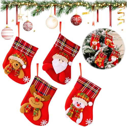 Zephyra 4 Stück Mini Weihnachtsstrümpfe, 16×13 cm Nikolausstrumpf Set, Kleine Weihnachtsstrumpf Geschenktüten zum Befüllen & Aufhängen, Kamin Deko Strümpfe mit Weihnachtsmann, Schneemann, Bär & Rentie