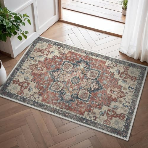 GENIMO Teppich Klein 60x90cm, Vintage Fußmatte Innen, Waschbare Teppiche, Boho Teppich, Klein Carpet mit Rutschfester Rückseite für Eingang, Flur und Korridor