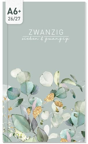 Häfft® Monatskalender Slim Taschenkalender 26/27 A6+ Minty Leaves | 17 Monate Mini Planer, 1 Monat auf 2 Seiten von Aug. 26 - Dez. 27 - Kleiner Monatsplaner, übersichtlich & kompakt