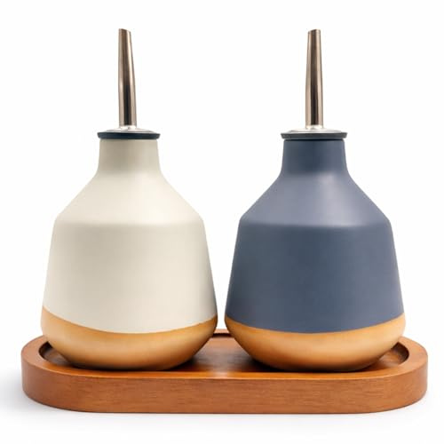 Friendly Fox Lot de 2 bouteilles de vinaigre et d'huile pour huile d'olive, vinaigre de table, style ethnique, en céramique, avec fond non émaillé et soucoupe