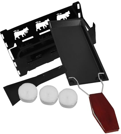 SHOWERORO Outdoor Mini Foldable Raclette Grill Set with Wooden Handle, Non-Stick Black Cheese Melter Pan and 3 Candle Warmers, Portable Raclette Table Grill Kit for Camping and Party Cooking