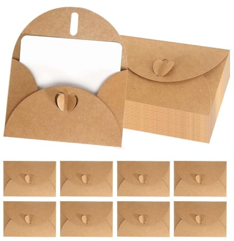 Kraftpapier Umschläge 40 Stück Mini Briefumschläge mit 40 Stück Karten Set | Klein Umschläge Mini Briefumschläge mit Herz Verschluss für für Geschenke, Grußkarten, Dankeskarten, DIY, Hochzeitskarten