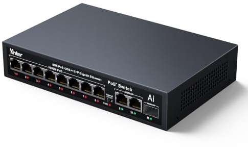 Yinker Switch PoE Gigabit 11 Porte 120W, 8 PoE+ 2 Uplink Gigabit + Slot SFP Fibra, Modalità 250m/VLAN, AI Recupero Automatico, Metallo Silenzioso per Videosorveglianza IP