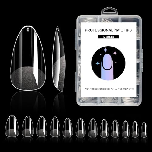 Lsnisni 288 Stück Mandel Nageltips, Nail Tips Set für Gelnägel | Full Cover Gel Nägel Tips, Pre-buff Kunstnägel Fingernägel für Nail Art Nagelstudio, Hause Salon, DIY - 12 Größen