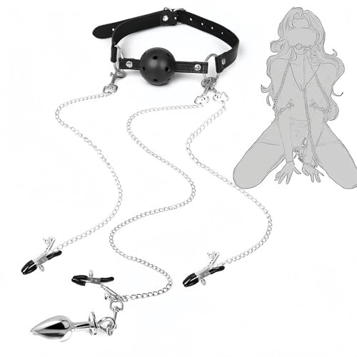 Kit BDSM Harnais pour Couples – Plug Anal en Acier Inoxydable, Bâillon Respirant, Pinces à Tétons et Clitoridiennes, Harnais Réglable en PU, Accessoires de Bondage Érotique